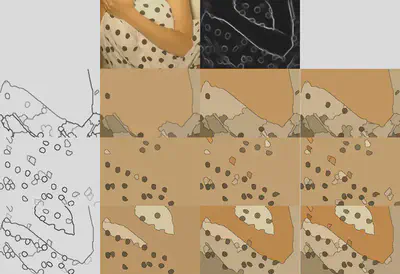 Illustration d'un image, de son gradient, et de diverses cartes de saillance et de partitions basées sur les bassins versants hiérarchiques et les attributs de circularité